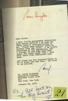 Don`t know the background of this letter from Paul to Lorne Michaels from January 24, 1977. In the staff at that time at SNL was John Belushi, Dan Akroyd, Chevy Chase. Are they meant?